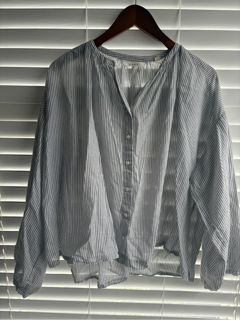 Doen Blue and White Striped Button-Front Blouse